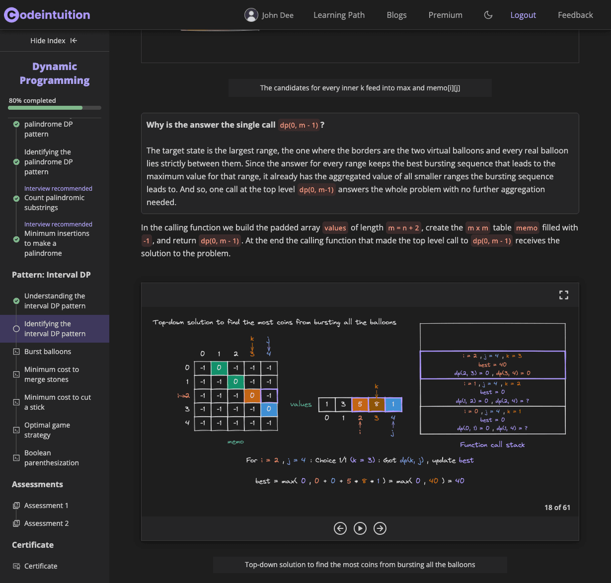 CodeIntuition lesson showing in depth explanation with visual walkthroughs and dry runs for active learning